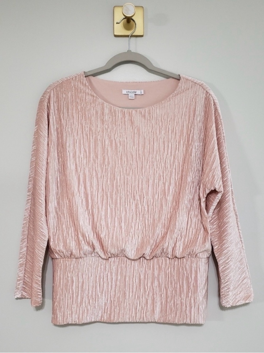 EUC Chico's Pale Blush Pink Shimmer Scoop Neck Drop-Waist 3/4 Sleeve Knit Top